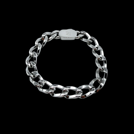 Silver steel chain bracelet on a black background