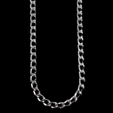 Silver chain, gourmette link, on a black background